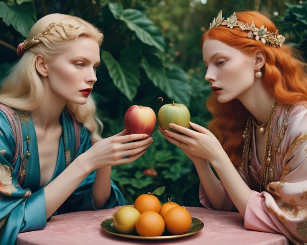 Elegant women with apples in a lush setting