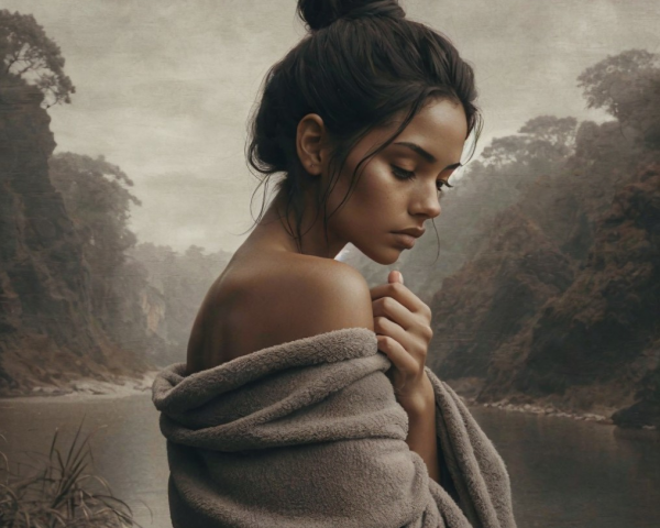 Young Woman by Serene River in Cozy Gray Blanket