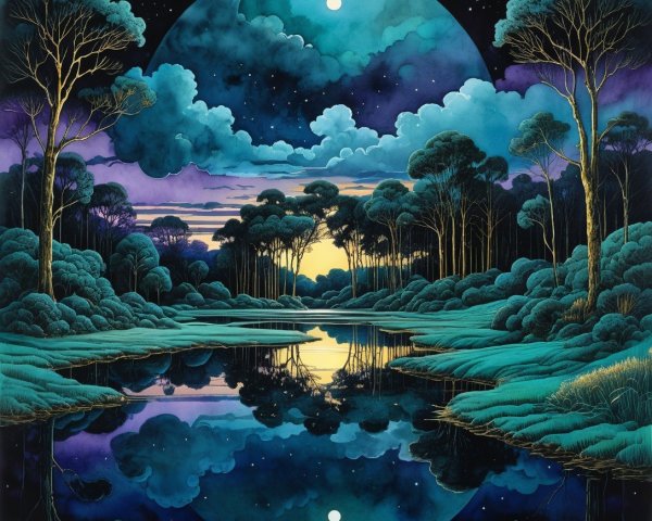 Tranquil Lake Landscape Under Starry Sky and Moonlight