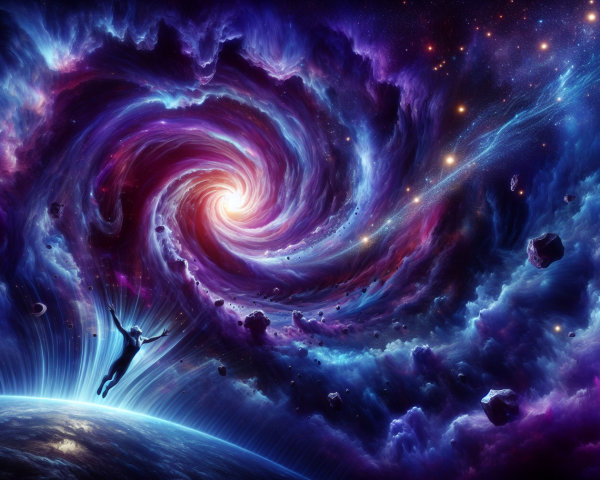 Vibrant Spiral Galaxy with Cosmic Elements and Silhouette