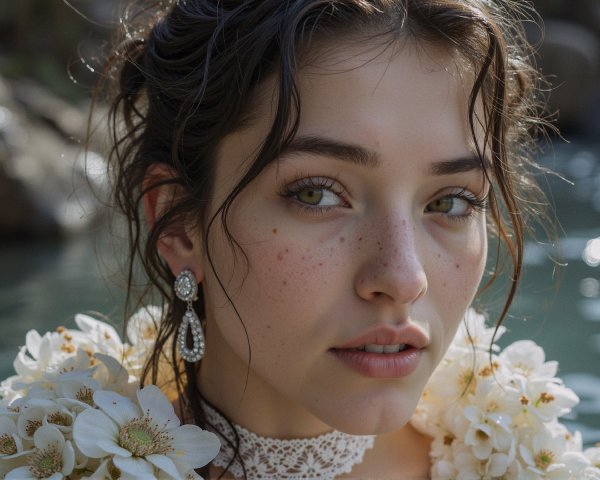 Young woman with green eyes and floral hair accessories