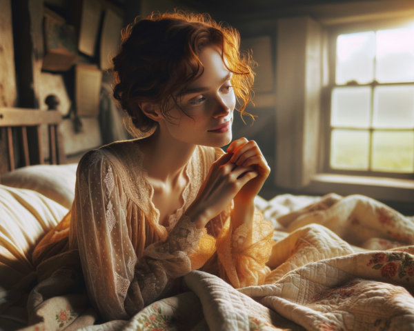 Young woman with red hair in a cozy room setting