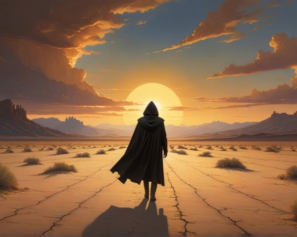 Solitary Figure in Cloak Against Desert Sunset