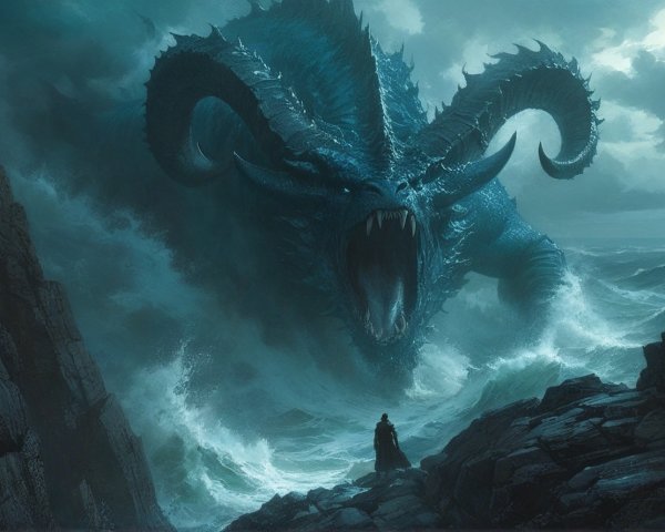 Colossal Sea Creature with Blue Scales and Horns