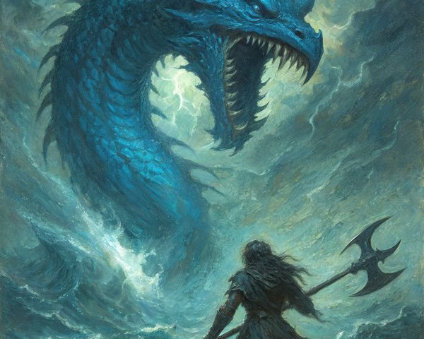Epic Confrontation of Warrior and Dragon in Stormy Landscape