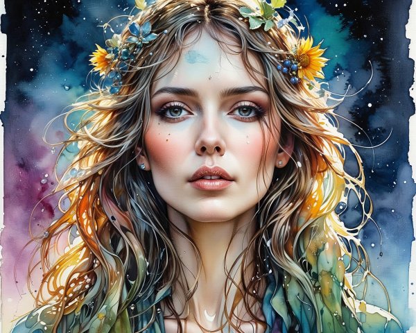 Portrait of a Young Woman with Flowers and Scarf