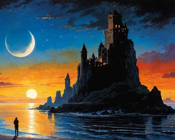 Majestic Castle on Rocky Island at Sunset