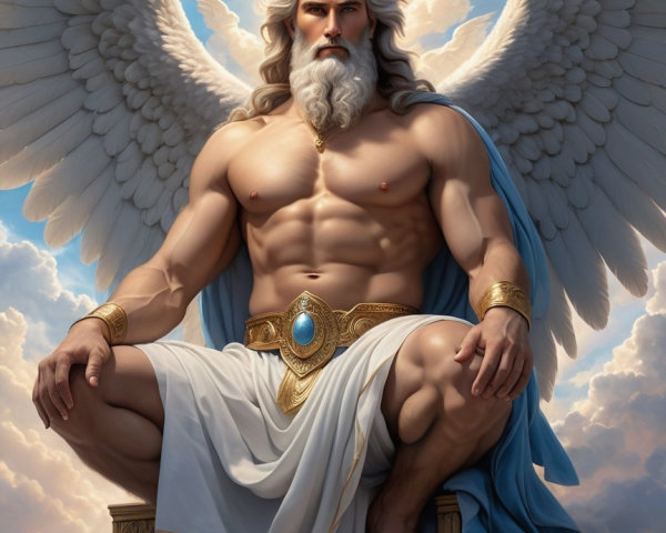 Majestic Figure with Wings and Halo in Clouds