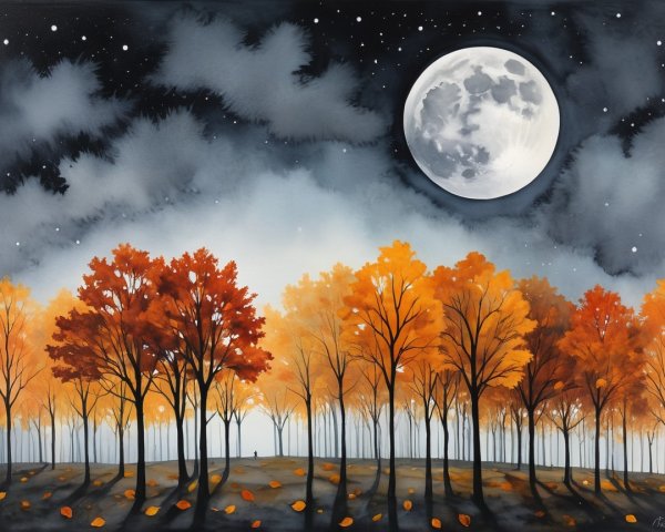 Autumn Landscape with Trees, Moon, and Solitary Figure