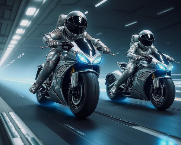 Futuristic Riders in High-Tech Motorcycles Racing