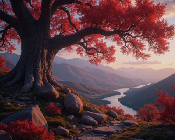 Majestic Tree with Red Leaves Overlooking River and Mountains