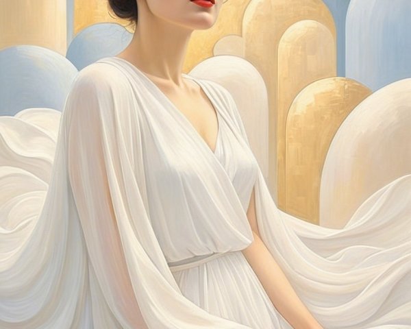Serene Woman in White Gown with Dreamy Background
