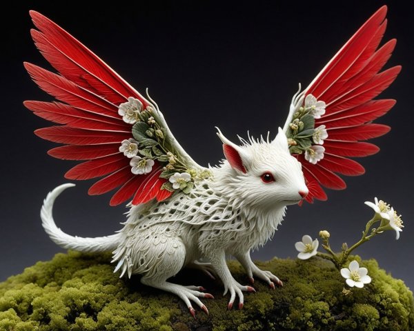 Whimsical Creature with Fur and Flowered Wings