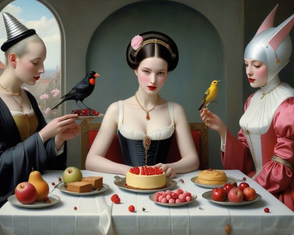 Three Women at a Lavish Table with Fruits and Birds