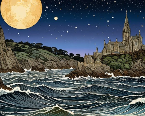 Castle on Cliff Under Moonlit Night Sky