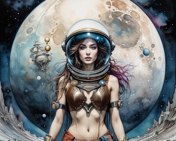 Female Astronaut on Rocky Lunar Landscape in Space Suit
