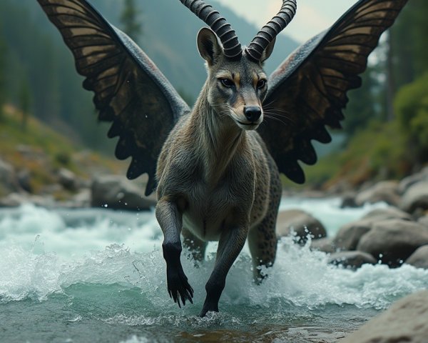Majestic Creature with Wings in Lush River Landscape