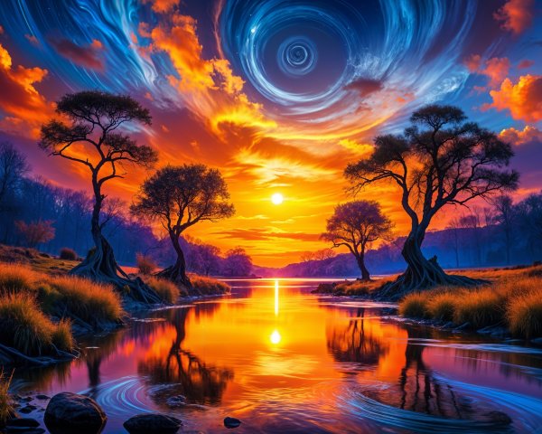Vibrant Sunset Over Tranquil River Landscape