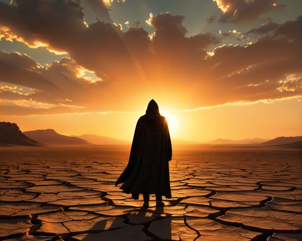 Hooded Figure on Arid Landscape at Sunset