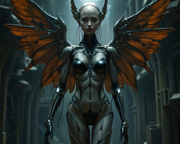 Futuristic Humanoid with Metallic Designs and Wings