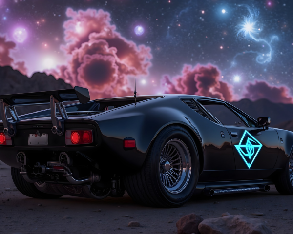 Futuristic Black Sports Car in Starry Desert Landscape