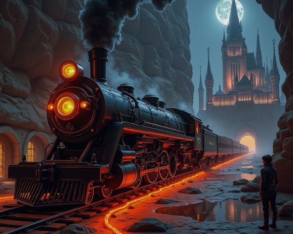 Vintage steam locomotive near a castle under moonlight