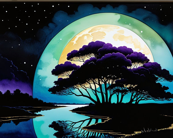 Serene Night Landscape with Moonlit River and Trees