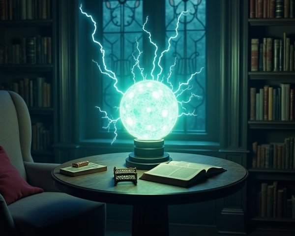 Mystical Globe and Ancient Books in Dim Library