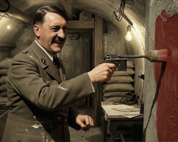 Military Figure Painting in Dim Underground Room