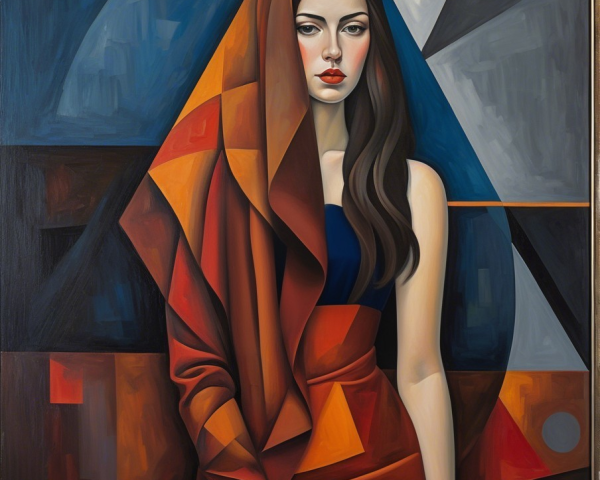 Woman in Vibrant Geometric Fabric with Abstract Background