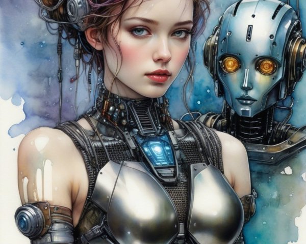 Futuristic Scene of Cybernetic Woman and Robot