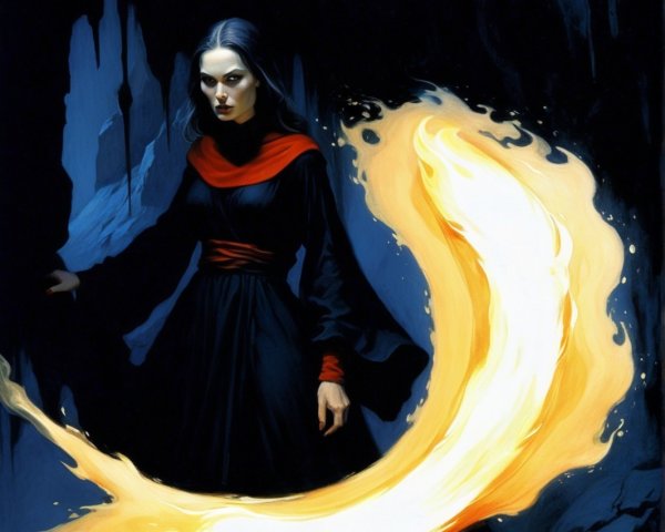 Mysterious Figure in Dark Cave with Flames and Magic