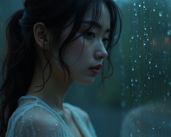 Young Woman Contemplating by Rain-Drenched Window