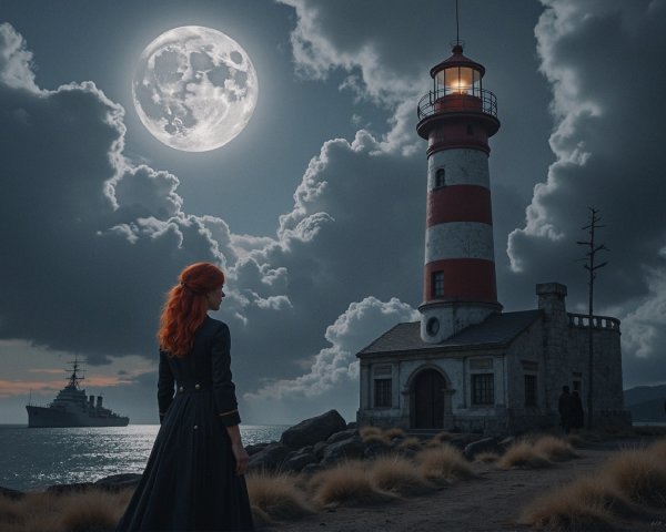 Solitary Figure by Lighthouse Under Night Sky