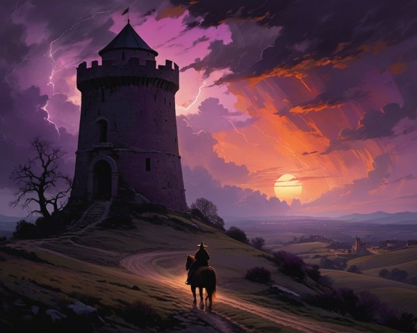 Lone Rider Approaching Ancient Tower at Sunset