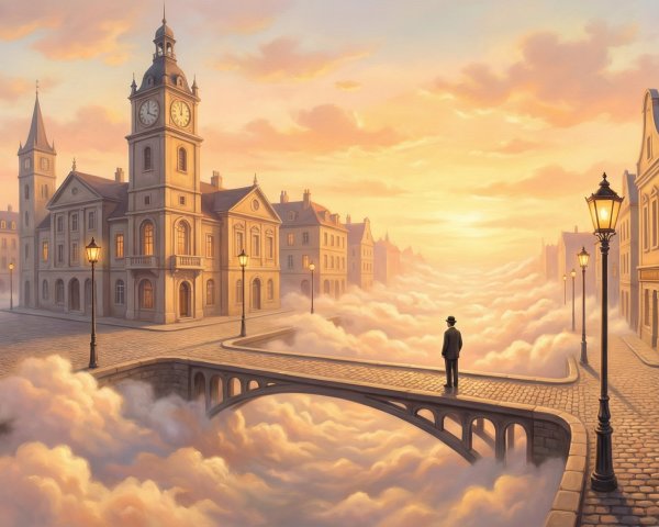 Surreal Cityscape in Clouds with Bridge and Man