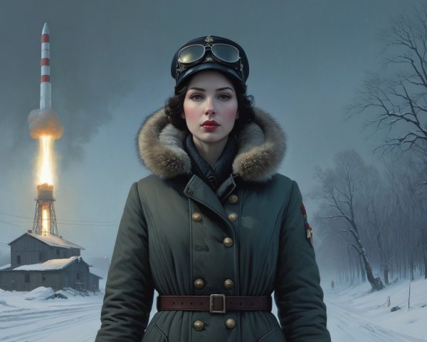 Vintage Military Scene with Woman and Missile Launch