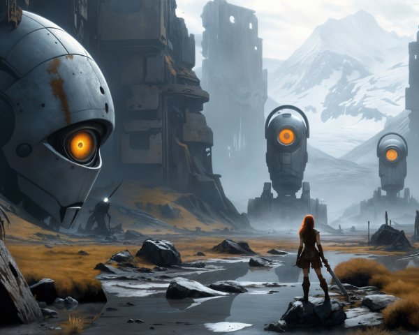 Desolate Landscape with Abandoned Robots and Mountains