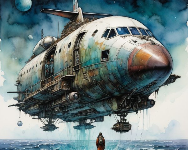 Weathered Spaceship Above Serene Ocean Scene