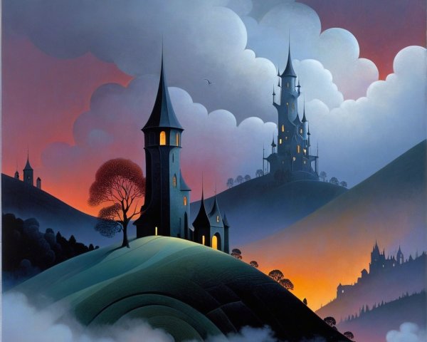 Surreal Landscape with Castles and Twilight Sky