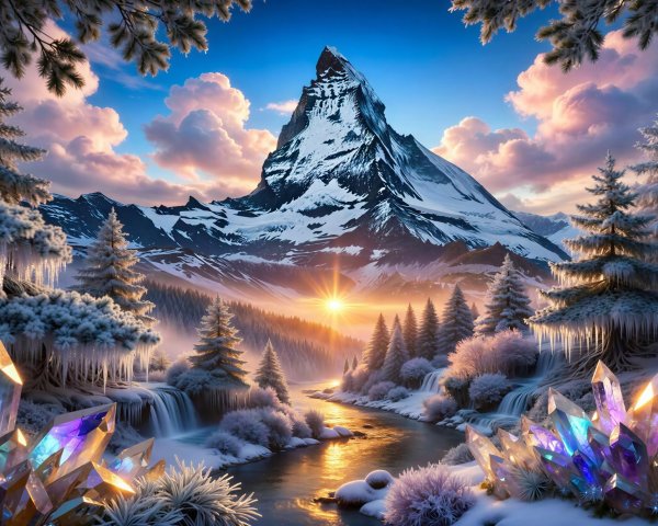 Snowy Mountain Landscape with Colorful Crystals
