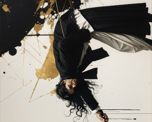 Dramatic Figure in Black Robe with Sword and Gold Splashes