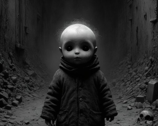 Creepy Doll Figure in Dark Desolate Corridor