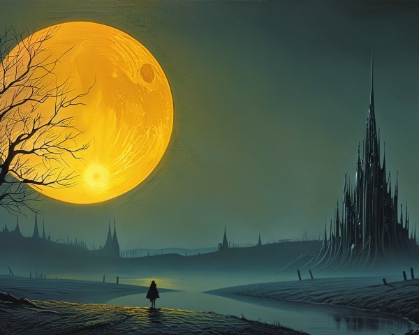 Eerie Landscape with Glowing Moon and Silhouetted Figure