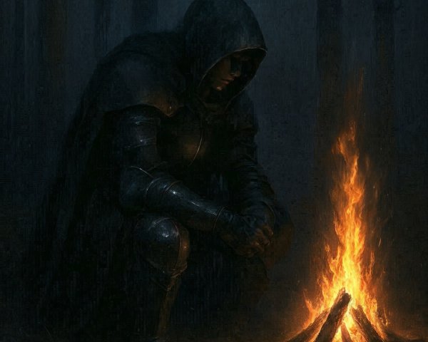 Cloaked Figure by Campfire in Dark Forest Setting