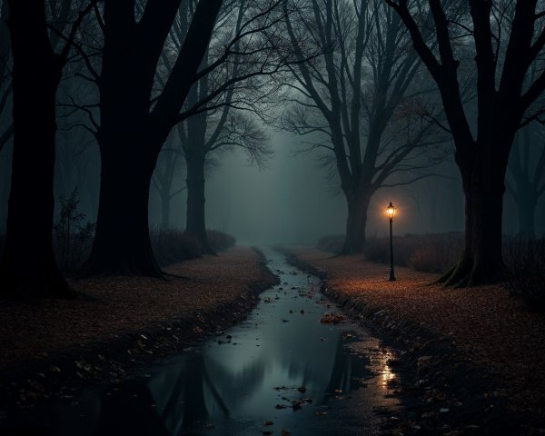 Misty Park Landscape with Trees and Vintage Lamp