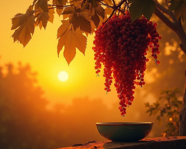 Lush Red Grapes Under Sunset Glow with Bowl Below