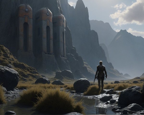 Lone Figure in Rugged Landscape with Futuristic Structures
