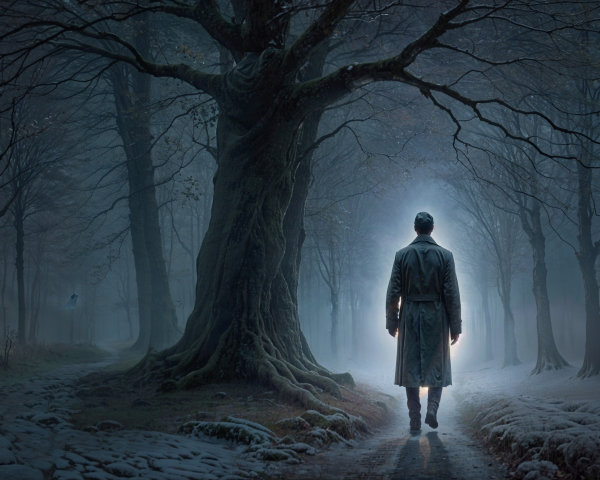 Misty Forest Path with Lone Figure in Long Coat
