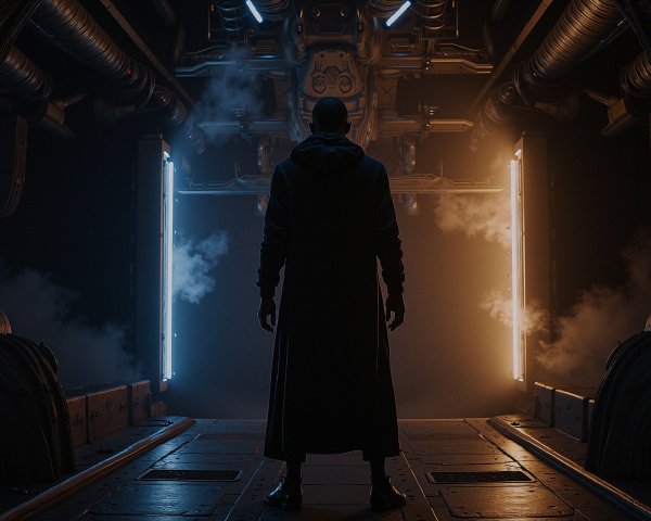 Silhouette in a Dimly Lit Corridor with Contrasting Lights